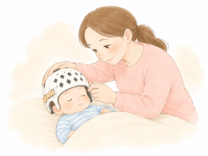 お母さんが寝ている赤ちゃんの頭にヘルメットを被せている絵